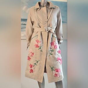 ♧$5,500 OSCAR DE LA RENTA EXQUISITE LINEN LEAF FLOWER EMBROID RUNWAY COAT 12
